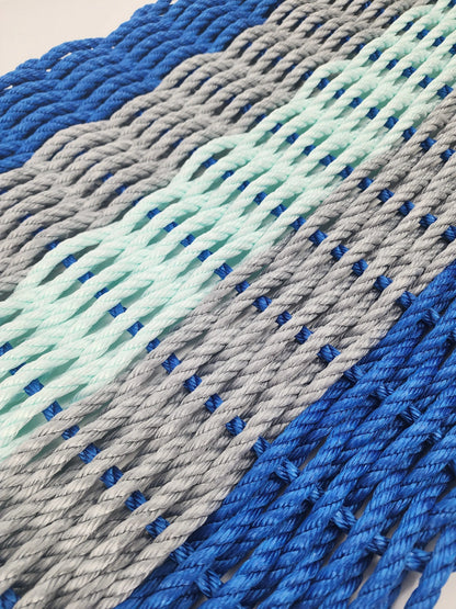 Five Stripe Rope Mat made with Lobster Rope in Blue Gray and Seafoam colors