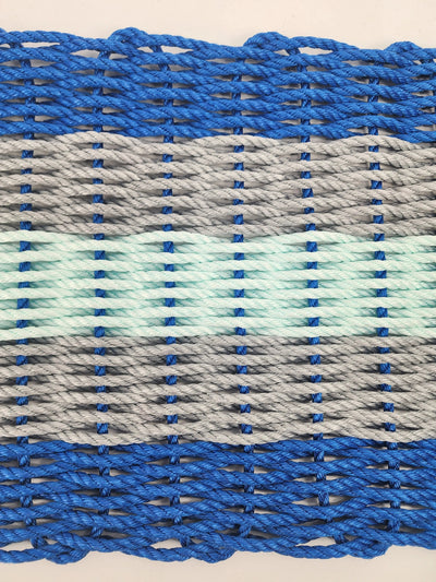 Five Stripe Rope Mat made with Lobster Rope in Blue Gray and Seafoam colors