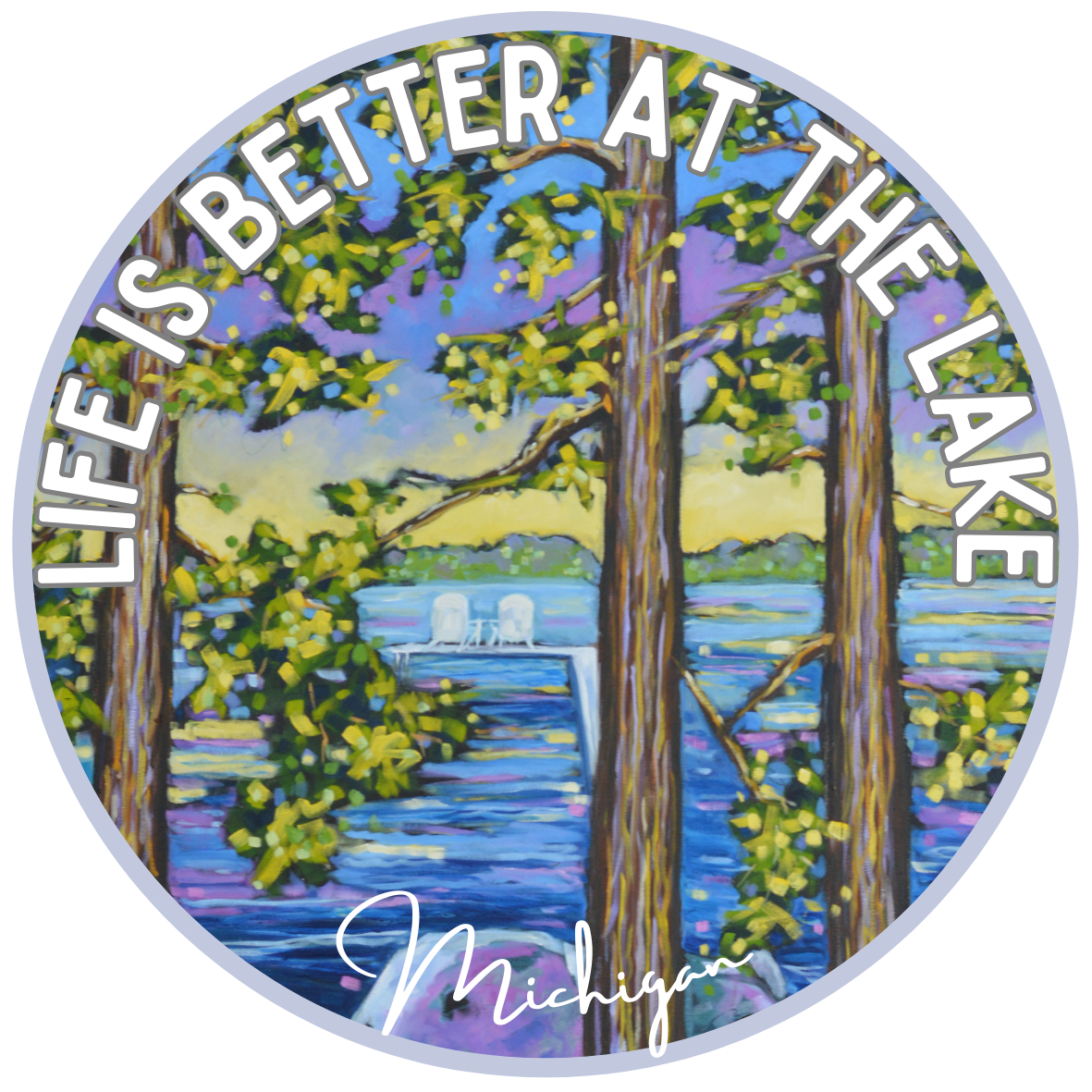 Three circular vinyl stickers with coastal and floral designs by Dreese Fine Art