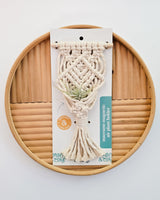 Cream-colored macrame air plant holder with diamond pattern and fringe, displayed on a round two-tone wooden tray with vertical and horizontal grooves.