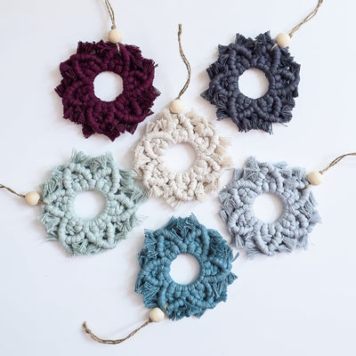 Macrame Snowflake Ornament in natural off white color with wooden diffuser bead