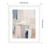 Abstract painting featuring layered rectangular blocks in muted tones of beige, gray, blush, and navy within a white frame.