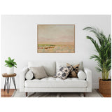 Soft pastel landscape painting above a white couch with bundled and patterned cushions, accompanied by two green potted plants in a minimalist living room.
