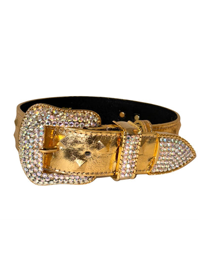 Glam Gold Embossed Studded Italian Leather Collar with Swarovski Crystal Buckle