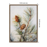 Realistic painting of two brown pine cones attached to green pine branches with soft, needle-like leaves on a light background in an 18x24 inch wooden frame.
