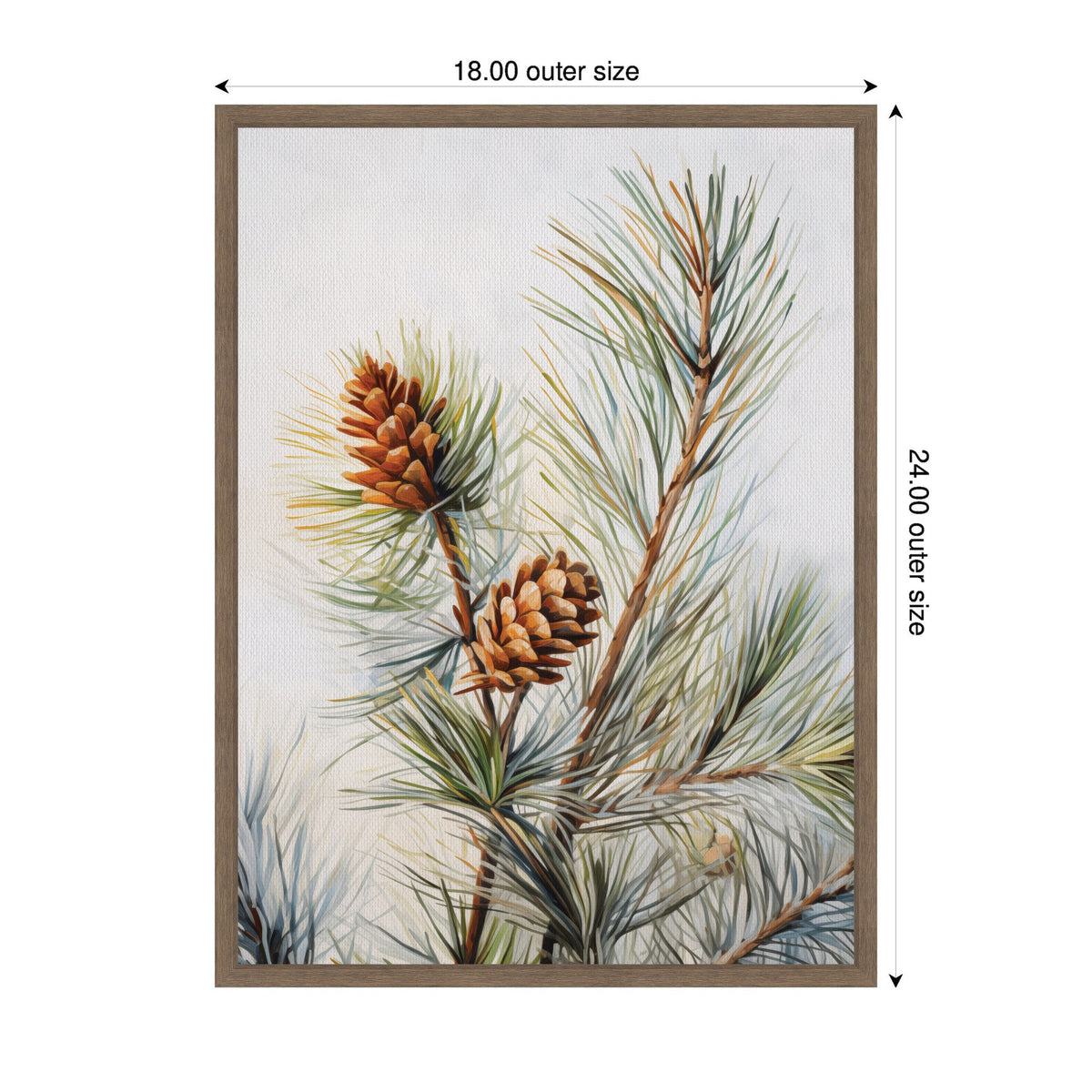 Realistic painting of two brown pine cones attached to green pine branches with soft, needle-like leaves on a light background in an 18x24 inch wooden frame.