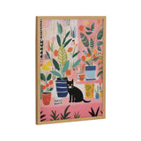 Colorful painting featuring a black cat sitting among various potted plants with large green leaves and vibrant flowers on a pink background.