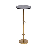 Round black marble tabletop on a brass adjustable stand with a tightening wingnut and circular base, minimalistic modern design.