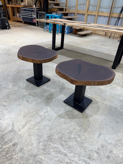 Walnut Cookie Side Tables with thick steel bases, handcrafted by Sasquatch Tables LLC