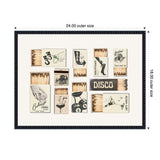 Framed wall art featuring assorted vintage matchboxes with neutral black and beige designs, including a cocktail lounge, disco, and drinks-themed illustrations.