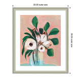 Framed painting of white flowers with large green leaves in a translucent blue vase against a soft blush pink background, titled Blush in Bloom by Nikita Jariwala.