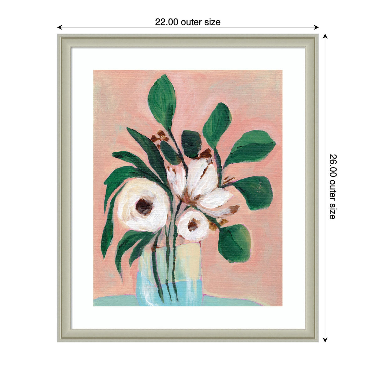 Framed painting of white flowers with large green leaves in a translucent blue vase against a soft blush pink background, titled Blush in Bloom by Nikita Jariwala.
