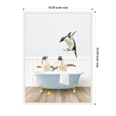 Sylvie Penguins in Cottage Blue Bathtub Framed Canvas by Amy Peterson