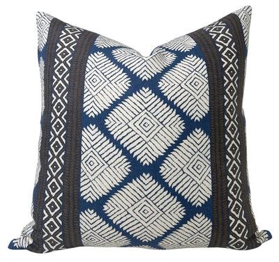 Austin Pillow Cover showing brown and navy printed fabric front and ivory linen back with fine stitching and hidden zipper