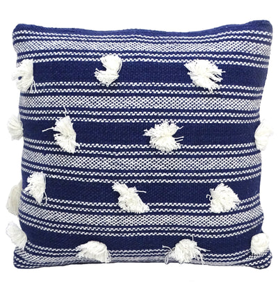 Blue 20 by 20 inch decorative throw pillow with pom pom trim on sofa