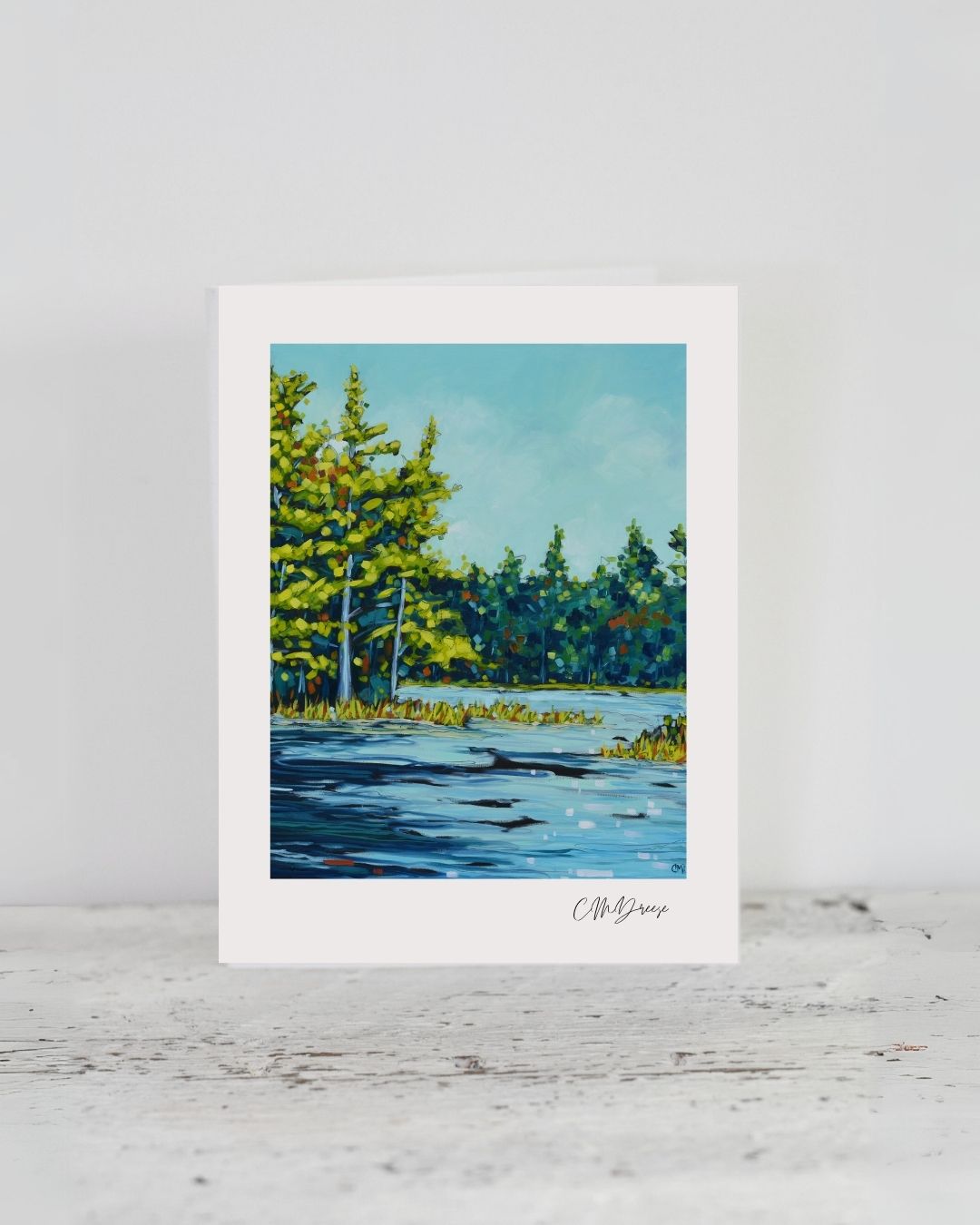 Notecard- Time to Reflect on heavy white linen paper with envelope, displayed against a polished wood table.