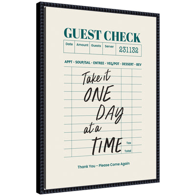 Guest Check One Day At A Time framed canvas wall art print by The Creative Bunch Studio, black beaded frame