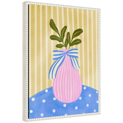 Sylvie Pink Vase framed canvas art showing a pink vase with flowers, vintage beaded frame