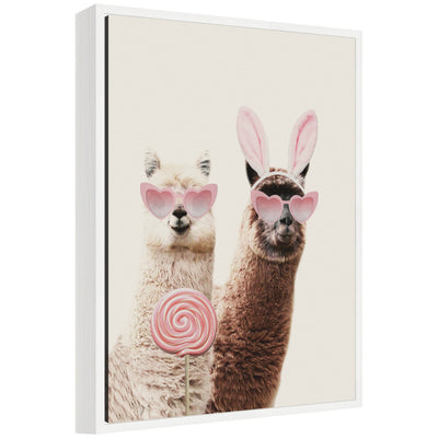 Framed canvas art titled 'Sylvie Llamas On Vacation' by July Art Prints showing whimsical llamas on a vacation scene