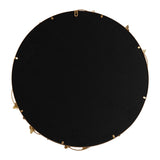 Black circular backing of a wall mirror with small gold butterfly-shaped hangers evenly spaced around the edge, seen from the back.