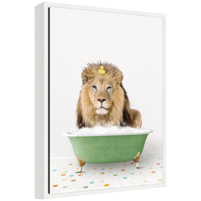 Sylvie Lion in Green Bathtub on Colored Tile Framed Canvas artwork showing a lion in a green bathtub on a tiled floor.