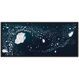 Dark blue canvas with scattered white iceberg shapes and small ice fragments, framed in a thin black border.