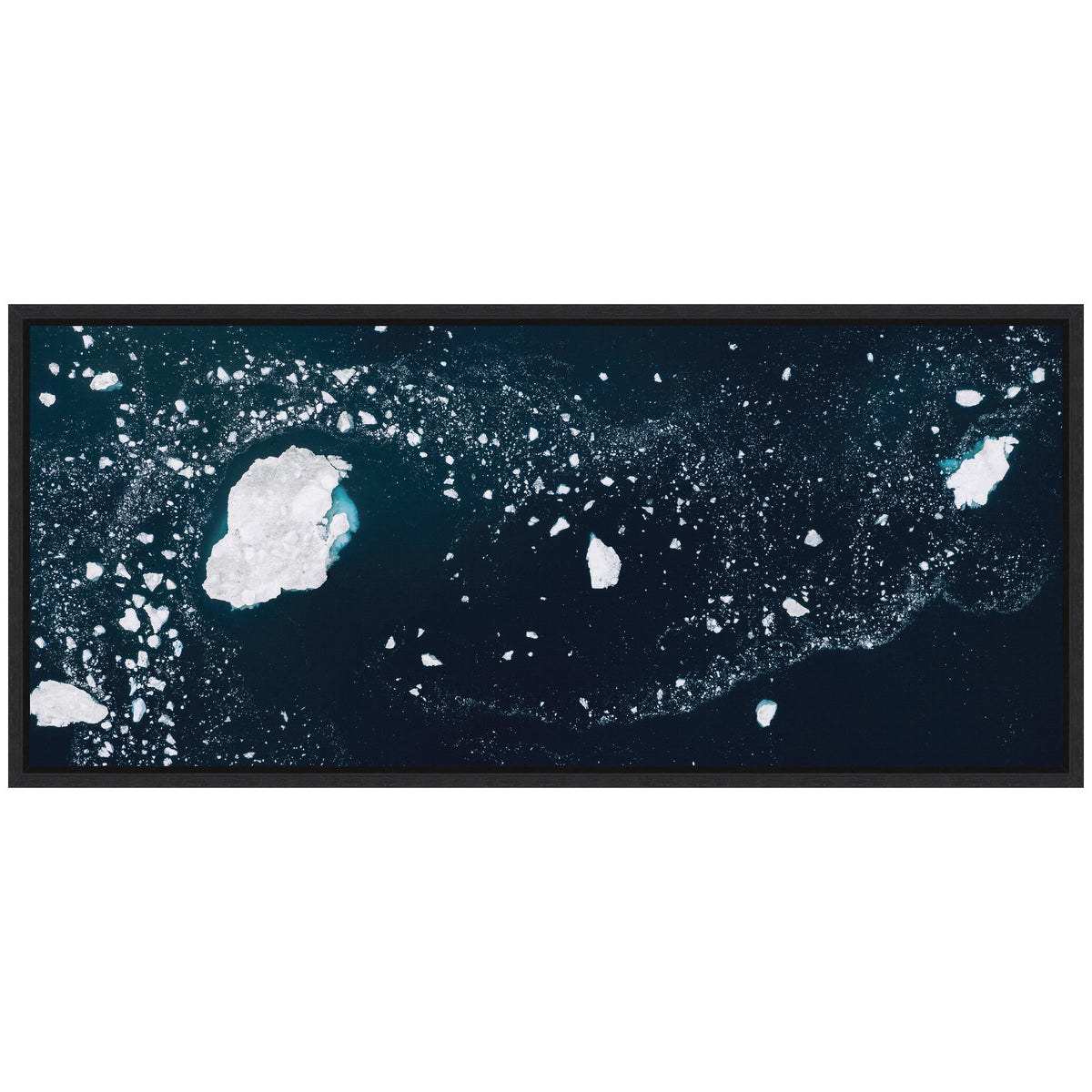 Dark blue canvas with scattered white iceberg shapes and small ice fragments, framed in a thin black border.