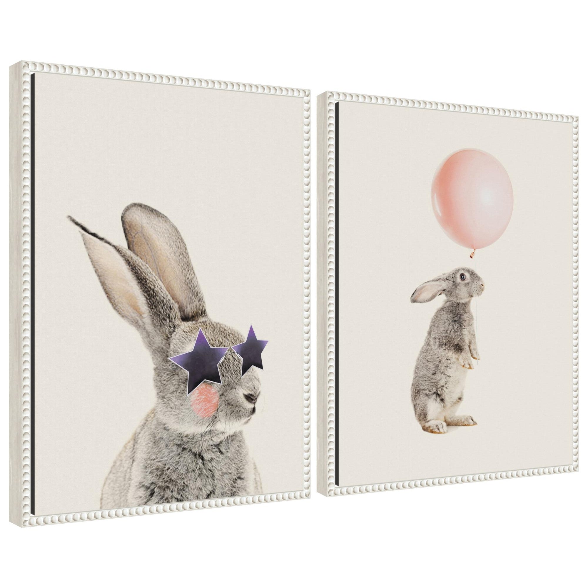 Sylvie Beaded The Bunny Star Glasses and The Bunny Pink Balloon framed canvas art set displayed together