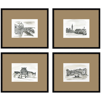 Vintage Europe 4 Piece Framed Wall Art Print Set with Svelte Noir Black frames and brown mats by Teju Reval