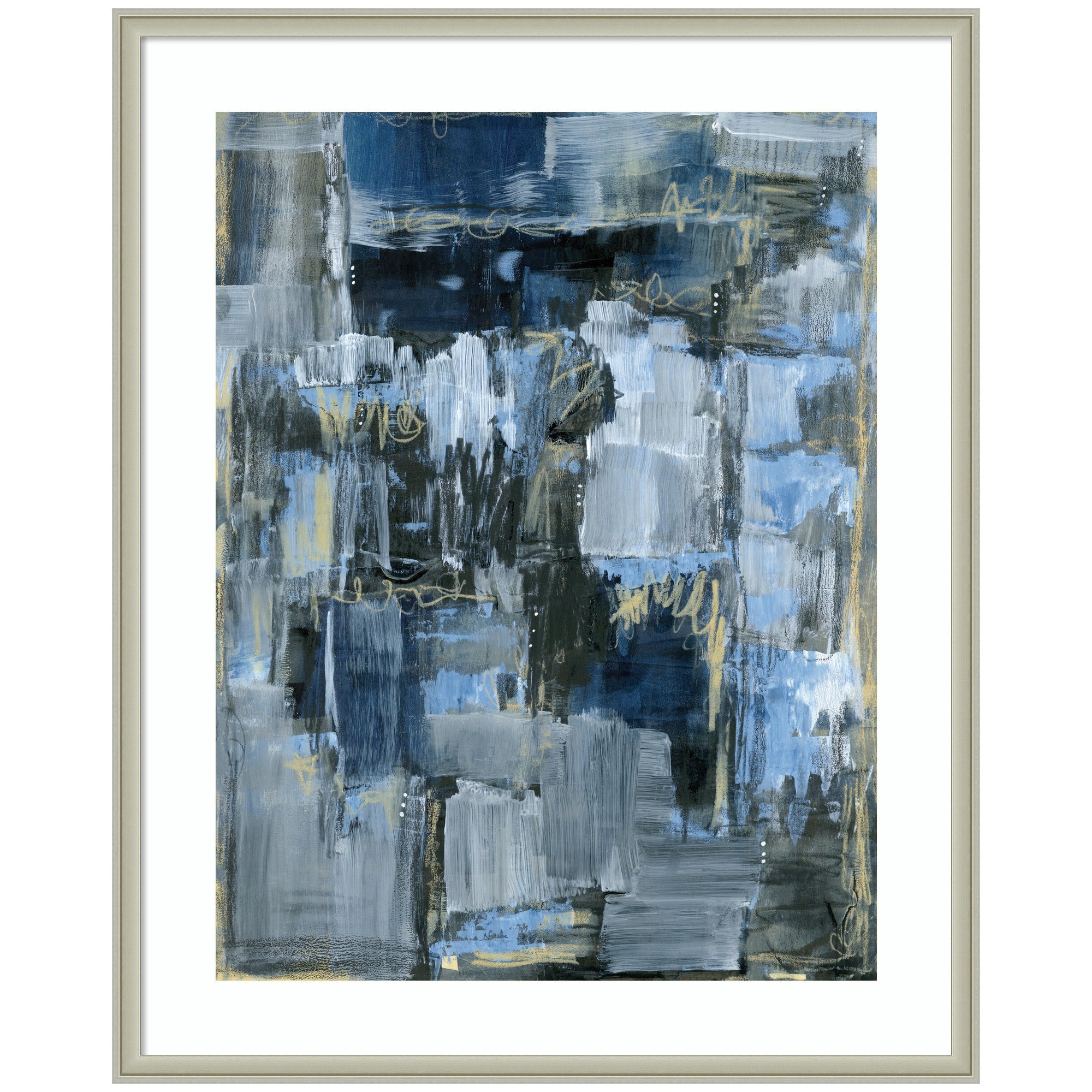 Framed abstract art titled 'Thunder Only Happens When its Raining' by Leah Nadeau, featuring a mix of blue, gray, black, and yellow textures framed in silver molding.