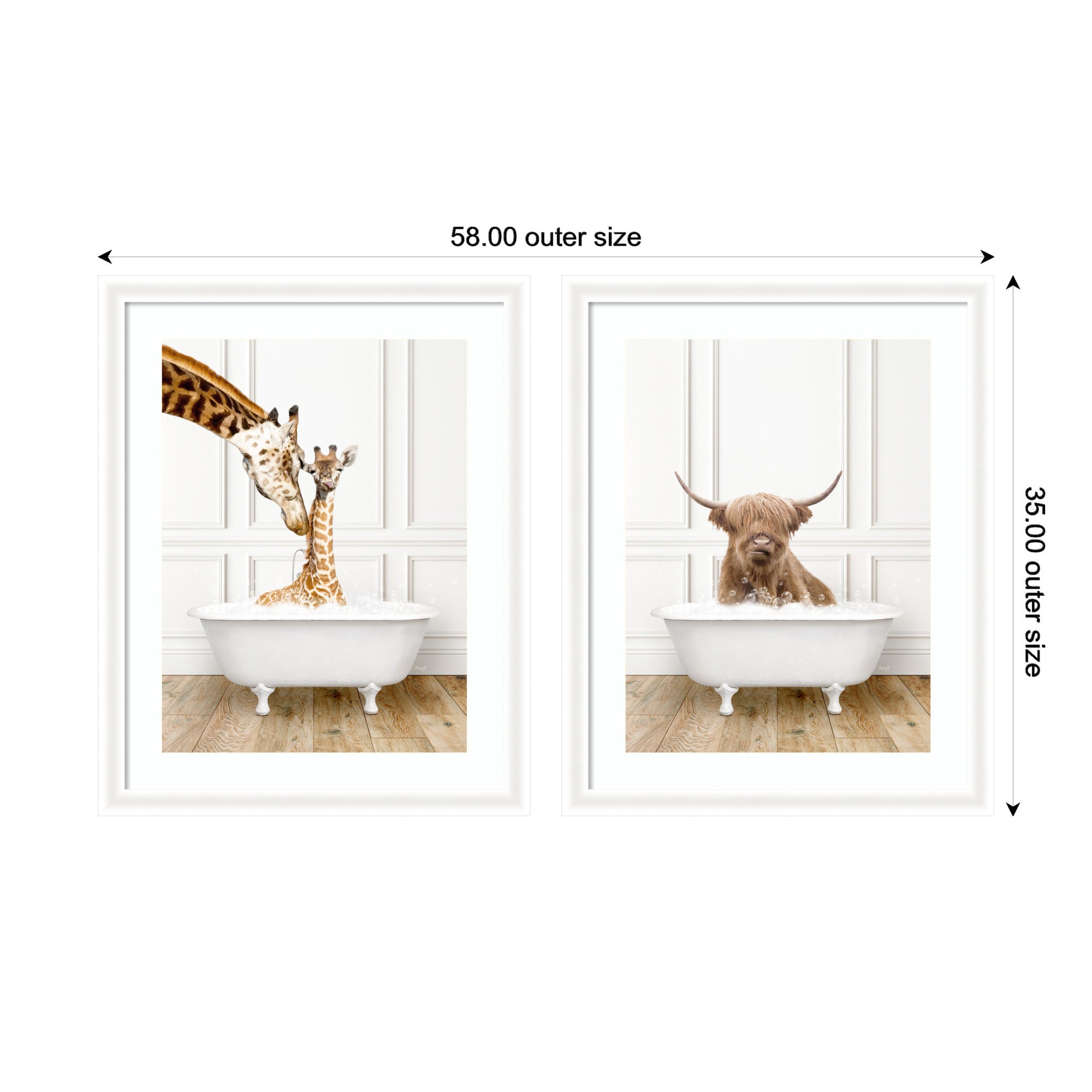 Highland Cow & Giraffe in Traditional Bathtub 2 Piece Framed Wall Art Print Set by Amy Peterson