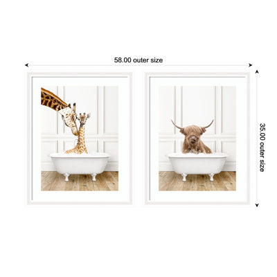 Highland Cow & Giraffe in Traditional Bathtub 2 Piece Framed Wall Art Print Set by Amy Peterson