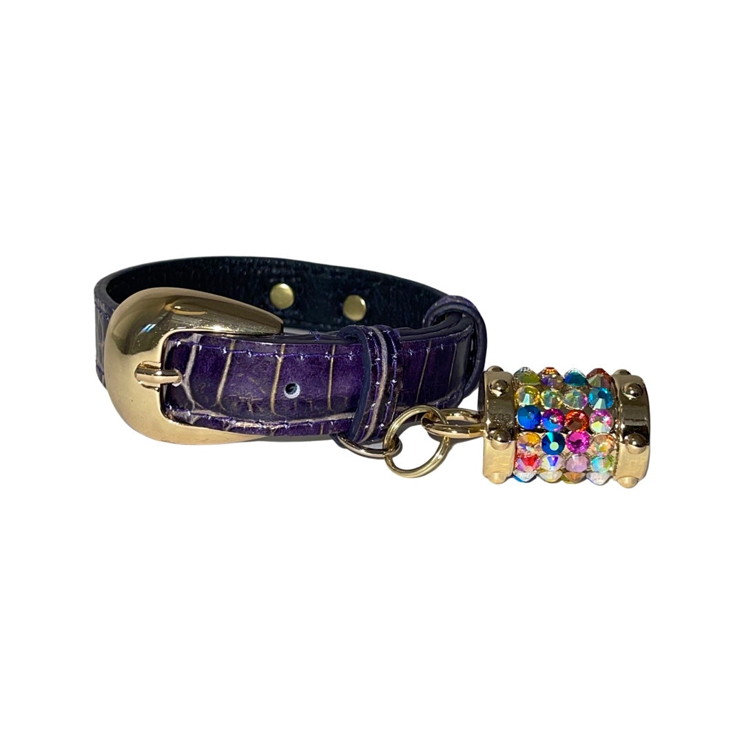 XS 7”-14” Purple/Gold Embossed Croc Italian Leather Collar/Custom Gold