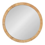 Round wall mirror with a textured natural wood frame composed of thin vertical strips forming a uniform pattern around the edge