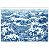 Linocut art print of abstract ocean waves in layered blue and white, featuring stylized, swirling patterns and foam crests within a simple white frame.
