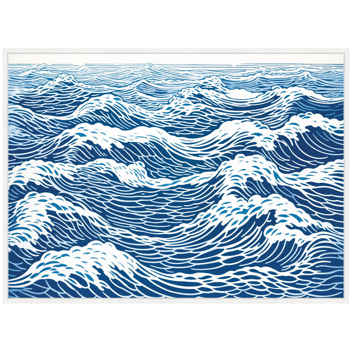 Linocut art print of abstract ocean waves in layered blue and white, featuring stylized, swirling patterns and foam crests within a simple white frame.