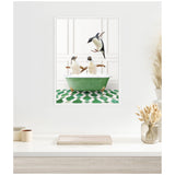 Three penguins interacting with a mint green clawfoot bathtub on a green and white patterned floor in a white paneled wall room.
