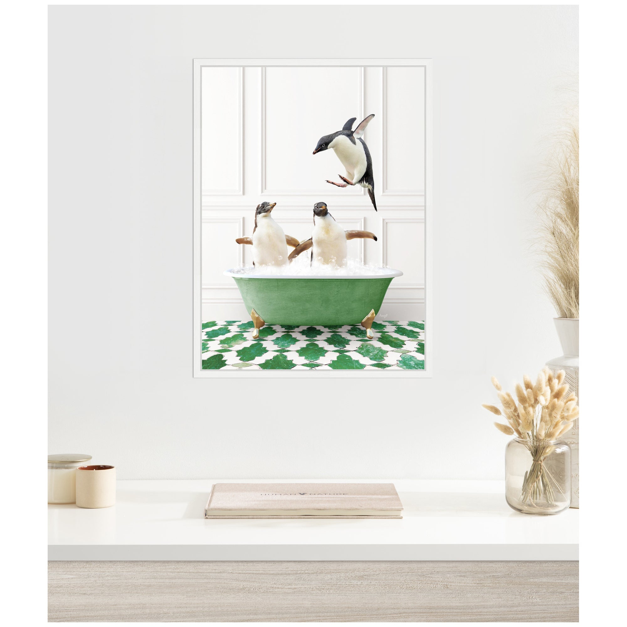Sylvie Penguins in Eclectic Green Panel Wall Bathtub Framed Canvas by Amy Peterson