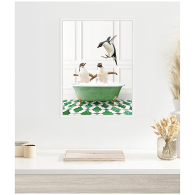 Sylvie Penguins in Eclectic Green Panel Wall Bathtub Framed Canvas by Amy Peterson