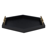 Black hexagonal tray with raised edges and matte gold cylindrical handles on opposite sides, shown on a white background.