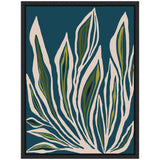 Abstract botanical artwork with elongated olive green and navy leaves outlined in cream on a deep teal background, framed in black.