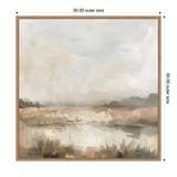 Framed abstract landscape painting featuring muted beige and gray tones with soft brush strokes suggesting a misty field and distant trees under a cloudy sky.