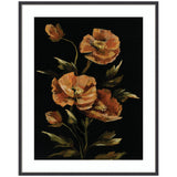 Framed painting of orange poppies with green leaves on a black background, showcasing a moody, textured floral composition by Annie Quigley.