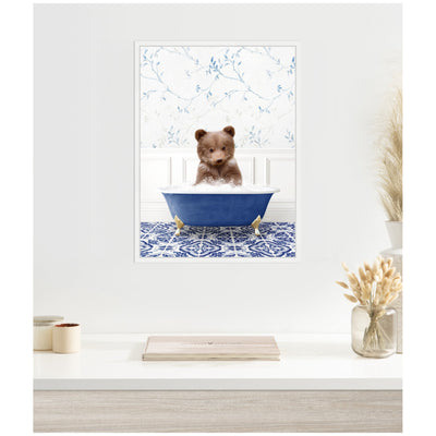 Sylvie Bear Cub in Eclectic Blue Bathtub Framed Canvas by Amy Peterson