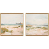 Two-piece framed square canvas wall art set showing a tranquil landscape in muted tones