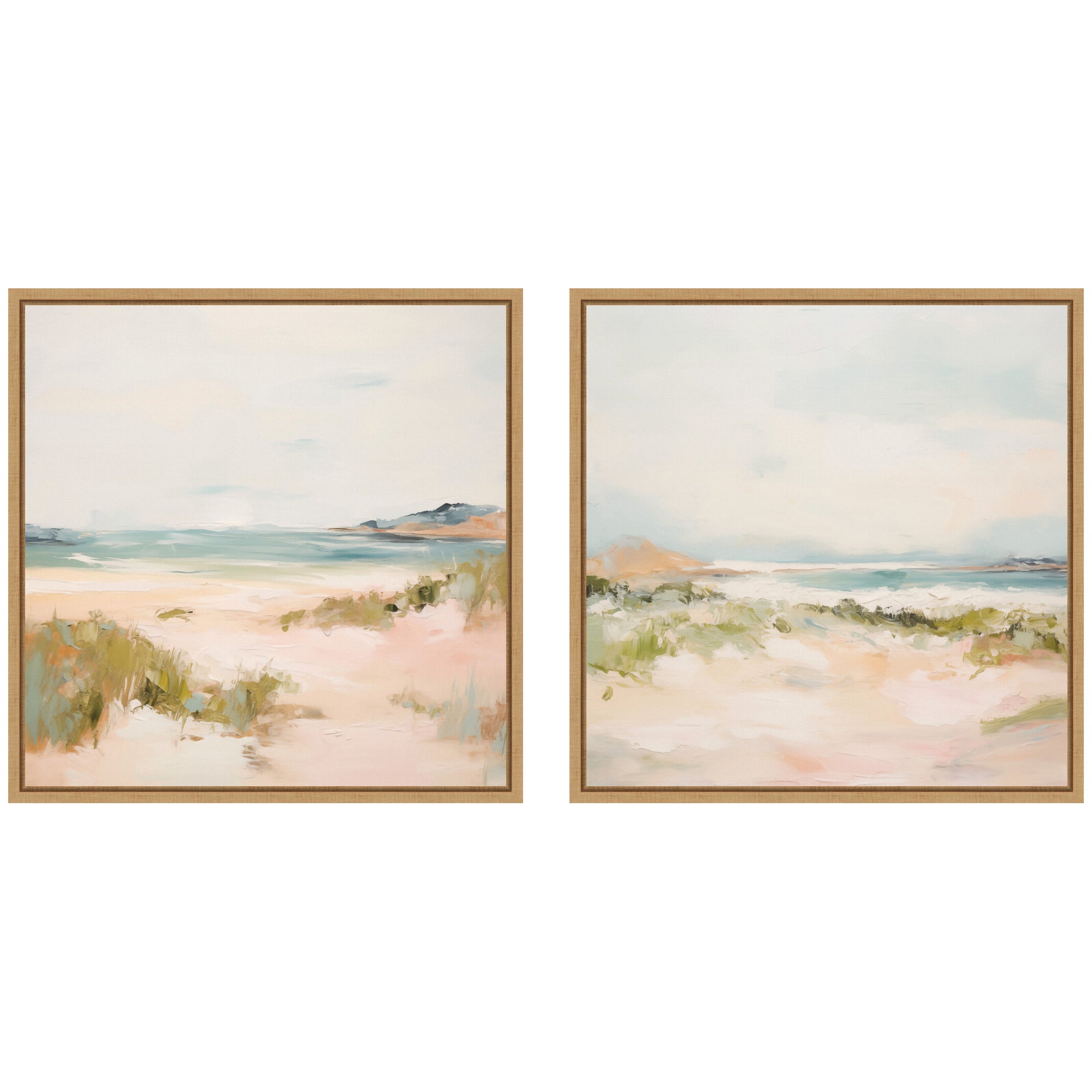 Two-piece framed square canvas wall art set showing a tranquil landscape in muted tones