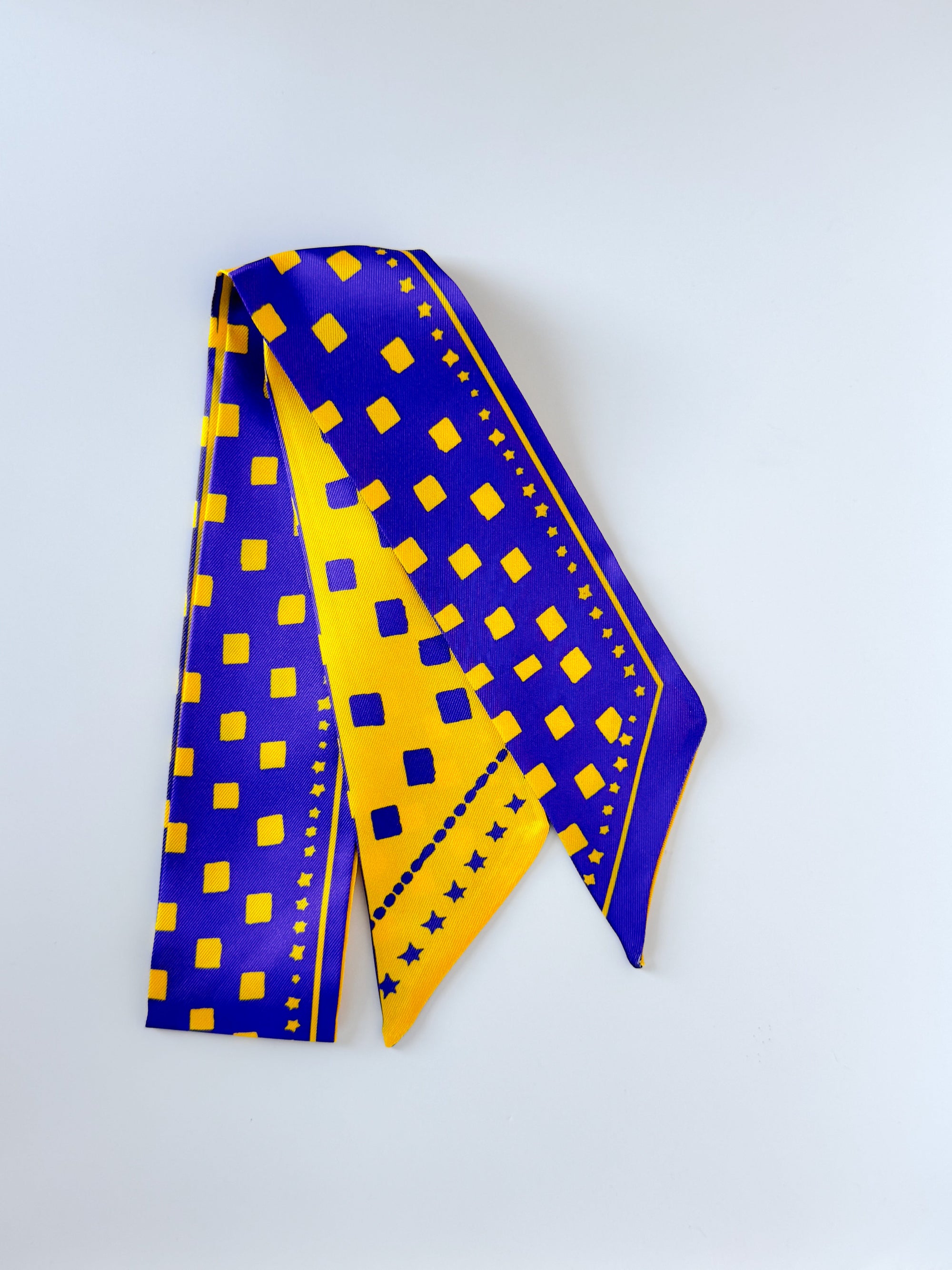 Purple and Gold Blocks Twilly skinny scarf with vibrant block pattern
