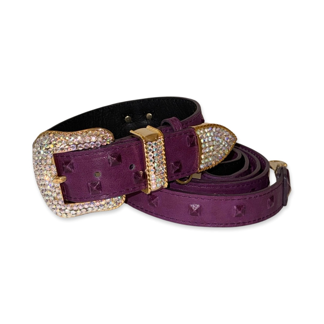 Glamorous Boysenberry collar and leash set featuring embossed studded Italian leather with Swarovski crystals