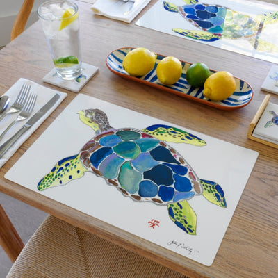 Sea Turtle Placemat with nautical fish design on a dining table