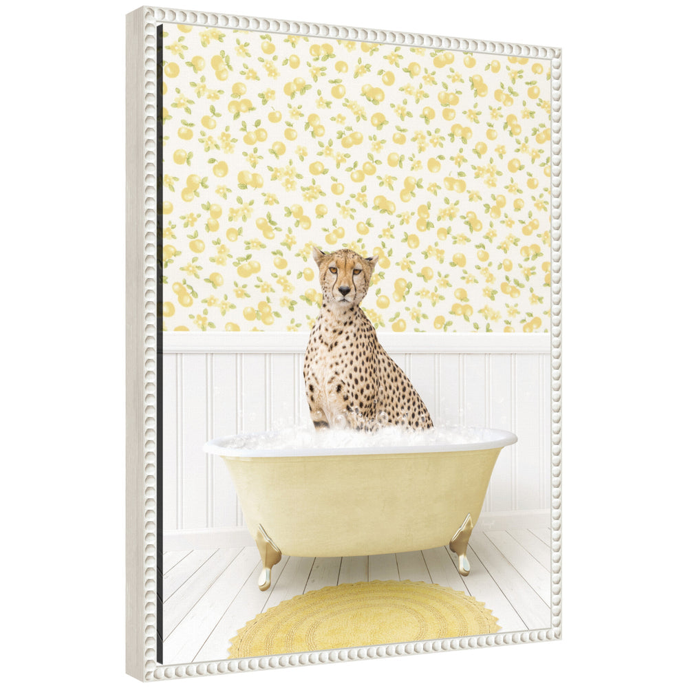 Framed canvas art featuring a cheetah reclining in a bright yellow bathtub in a cottage setting